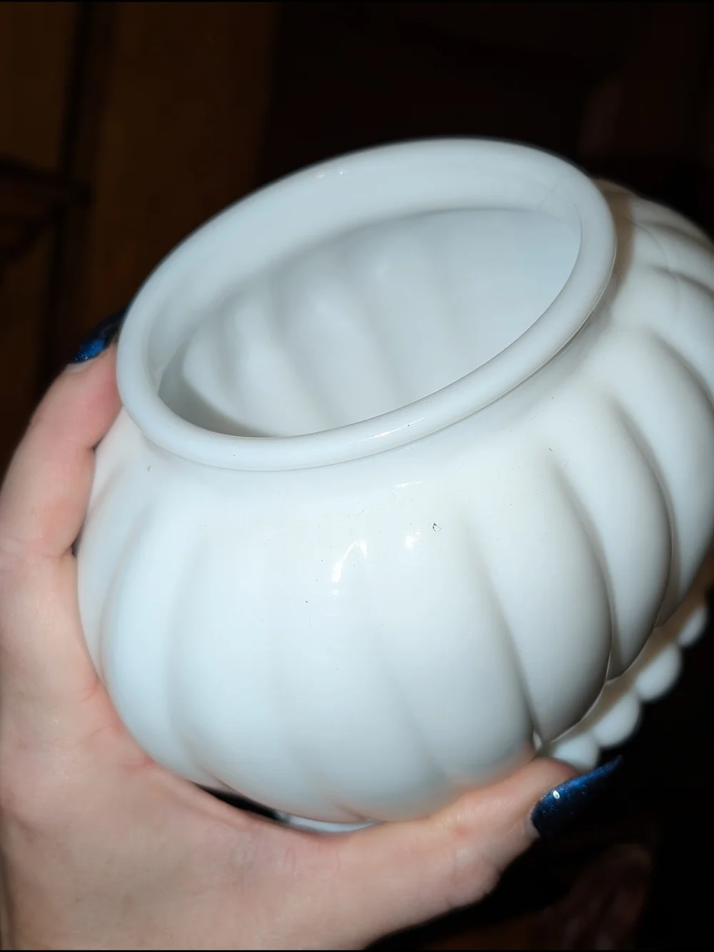 White Milk Glass Vase Ribbed Ball Pattern 7.5